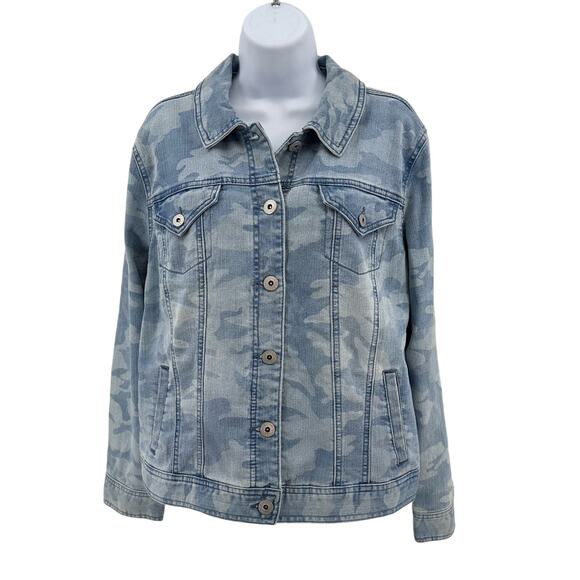 Style & Co Blue Denim Camo Jacket Womens Large Button Up Regular Fit Long Sleeve - Picture 1 of 10